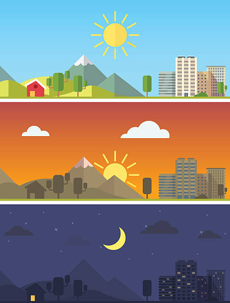 City and landscape in different times of day City and rural scenic landscape in different times of day. Flat style vector vector. morning afternoon night stock illustrations