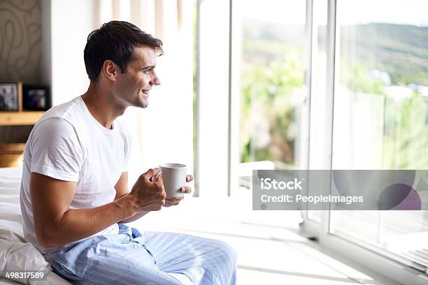 Some Coffee Before I Get Dressed Stock Photo - Download Image Now - Men, Bed - Furniture, Window