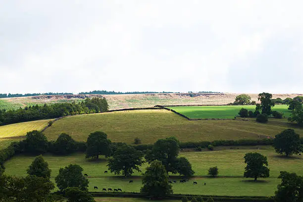 Highmoor and meadows below hills in shadow of huge cloud in Derbyshire