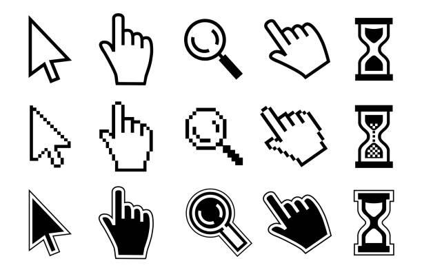 Vector icon Vector icon hand, cursor and hourglass on white background. push button illustrations stock illustrations