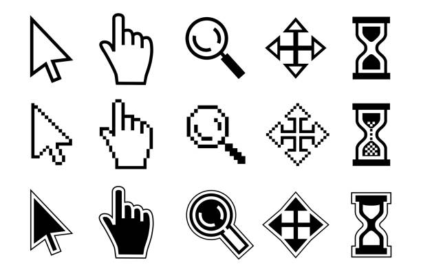Vector icon Vector icon hand, cursor and hourglass on white background. pointer stick stock illustrations