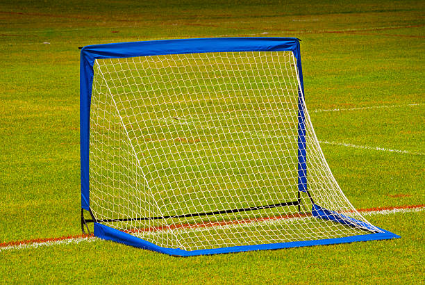 istock view from behind the net on a soccer pitch. 498332486