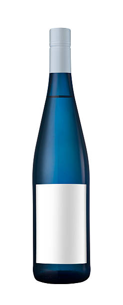 Blue bottle of wine with blank label and pilfer isolated on white background