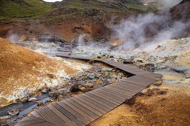 Wooden boardwalk in geothermal area Wooden boardwalk at the Krysuvik Geothermal Area in Reykjanes Peninsula of Southern Iceland sulphur landscape fumarole heat stock pictures, royalty-free photos & images