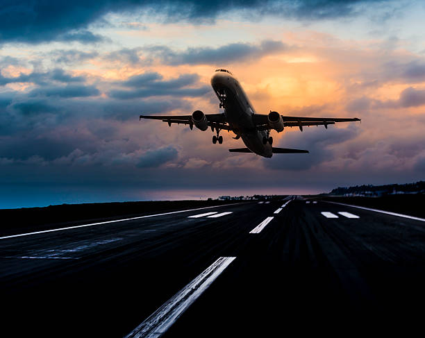 istock Passenger airplane landing at dusk 498336856