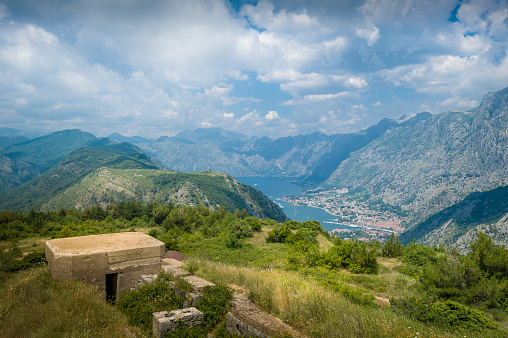 Fort Gorazda ruins and view to Bay of Kotor. Montenegro, mountain landscape.
