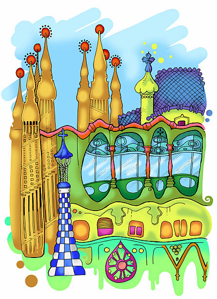 барселона иллюстрация - barcelona antonio gaudi outdoors vertical stock illustrations