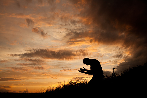 A silhouette of a man praying in a meadow.