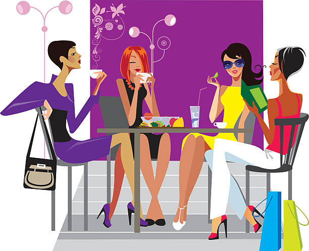 girlfriends at lunch vector art illustration