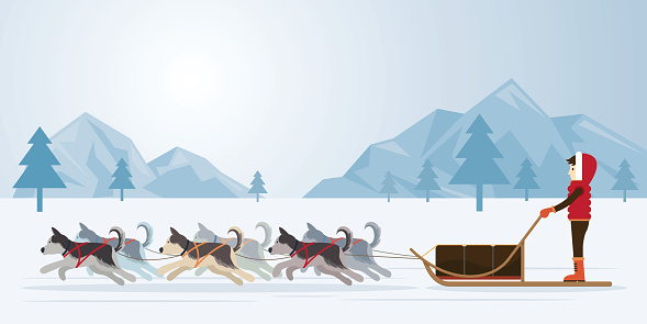 People with Arctic Dogs Sledding, Panorama Background