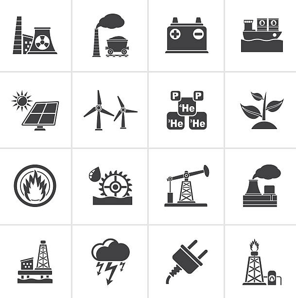 czarny ikony źródła energii elektrycznej i - industrial ship flash stock illustrations