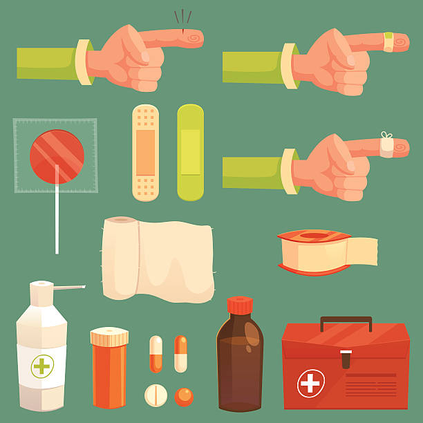 Set of medical icons Cut on finger/ first aid kit hydrogen peroxide stock illustrations