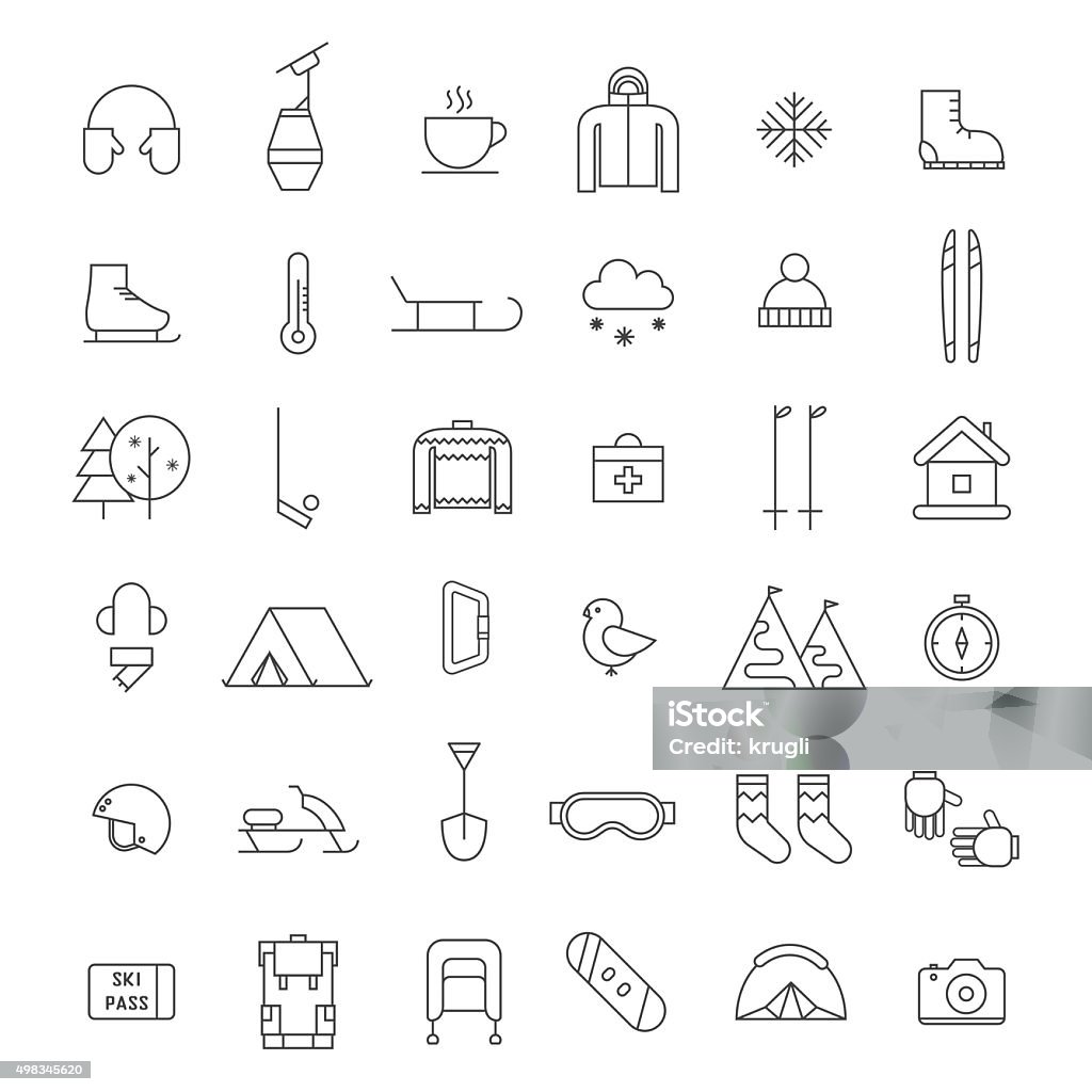 Winter Outdoor Activity and Sports Icon Set Winter activities thin line icon set. Winter sports shape icons. Winter travel, hiking, climbing outline pictograms for adventure web and applications. Winter outdoor activity equipment icons. Icon Symbol stock vector