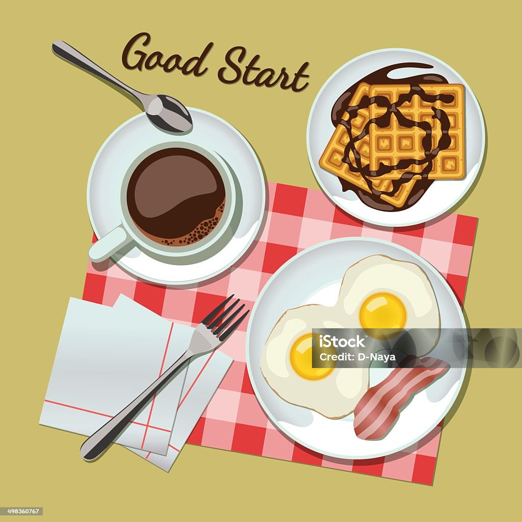 Breakfast set top view Breakfast set top view. Coffee, fried egg with bacon, waffles Backgrounds stock vector
