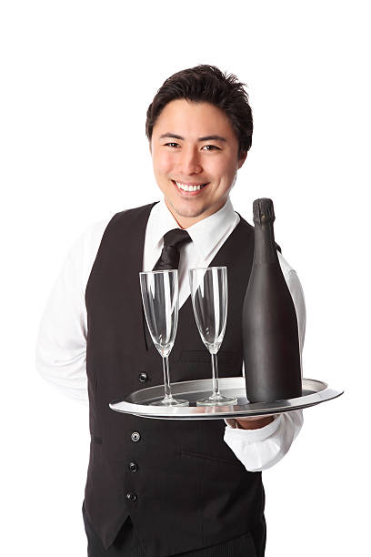 병, 글라스잔 - waiter butler champagne tray 뉴스 사진 이미지