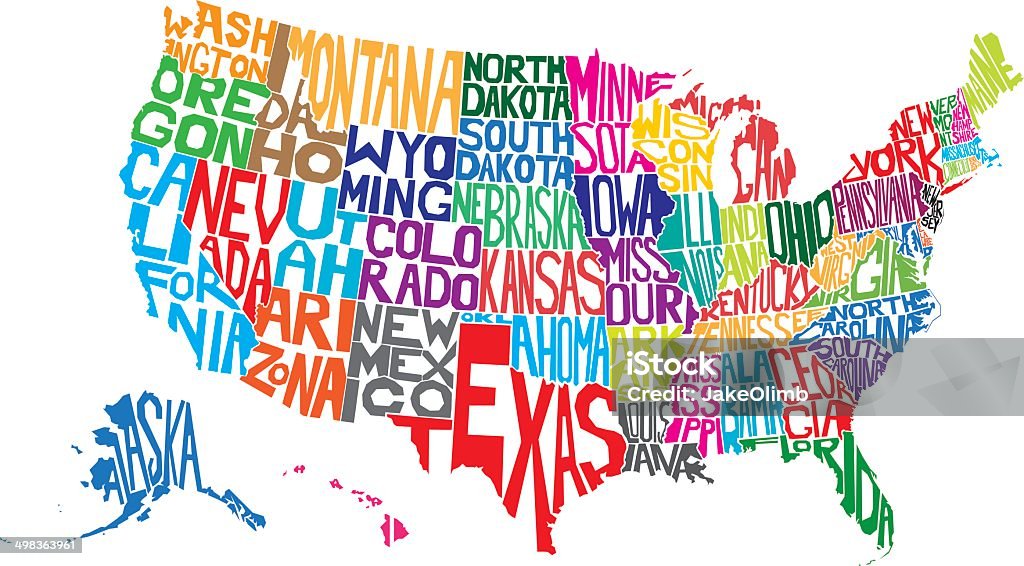 USA Word Map Vector illustration of a map of USA made from individual state names. Map stock vector