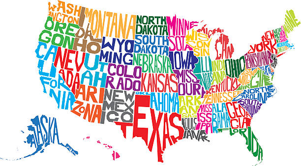 USA Word Map Vector illustration of a map of USA made from individual state names. minnesota illustrations stock illustrations