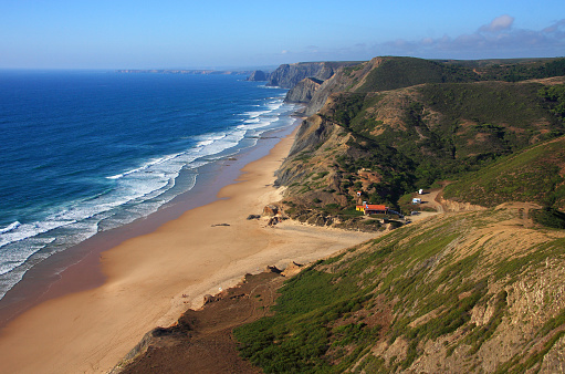 Portugal, Algarve Region, Vila do Bispo, South-West Alentejo and Vicentine Coast Natural Park - cliff top view of Castelejo and Cordoama beaches.