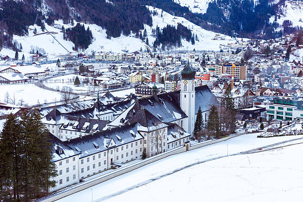 Snowy village in the mountains Aerial view of Engelberg, Switzerland, a snowy village in the mountains engelberg photos stock pictures, royalty-free photos & images