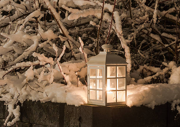 Lantern with a candle and snowy branches stock photo