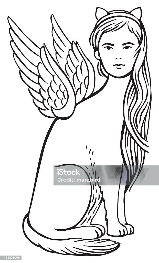 Girl - Sphinx Vector illustration. Isolated on white. Animal Wing stock vector