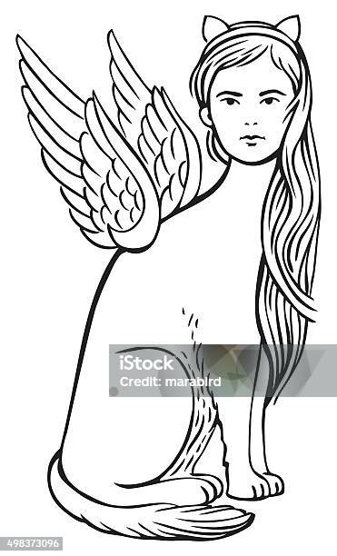 Girl Sphinx Stock Illustration - Download Image Now - Animal Wing, Drawing - Art Product, Line Art