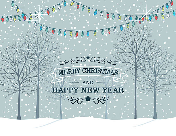 Winter Snowy Landscape With Trees. Winter Snowy Landscape With Trees.  Cute pastel colored park with bar winter trees and stings of holiday lights. There is text at the bottom saying Merry Christmas and Happy New Year. snowing illustrations stock illustrations