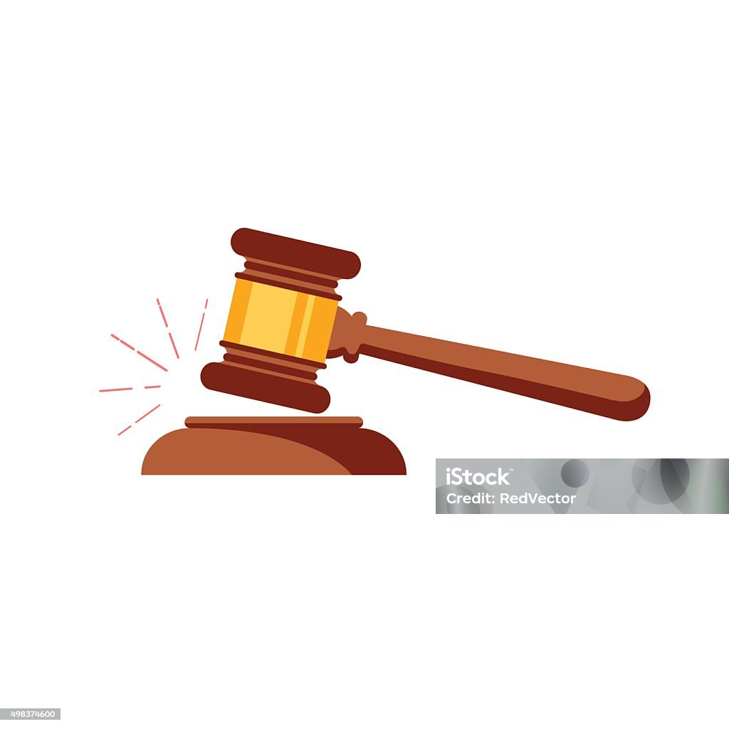 Vector gavel isolated icon Vector gavel isolated icon. Auction hammer simbol. Law judge gavel icon. Flat design style. Wooden gavel with a brass band resting on a plinth used by a judge or auctioneer and conceptual of justice Gavel stock vector