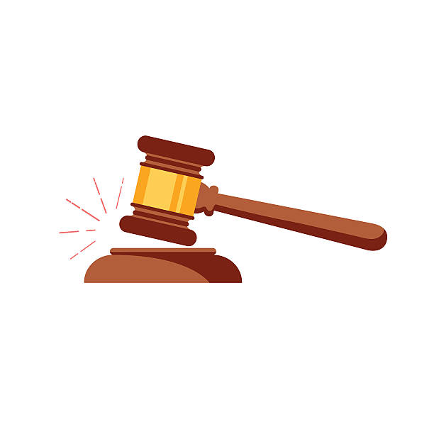 Vector gavel isolated icon Vector gavel isolated icon. Auction hammer simbol. Law judge gavel icon. Flat design style. Wooden gavel with a brass band resting on a plinth used by a judge or auctioneer and conceptual of justice gavel stock illustrations