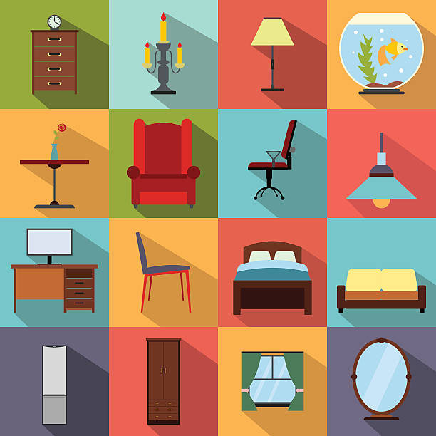 ilustrações, clipart, desenhos animados e ícones de móveis conjunto de ícones plana - chandelier residential structure living room sofa