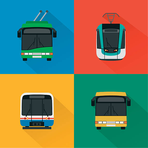 miejski transport publiczny zestaw, nowoczesny projekt płaski - tram service stock illustrations