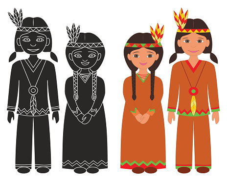 Hand drawn Native American Indian boy and girl. Thanksgiving isolated graphic elements on white background. Flat color design and black silhouette icons.