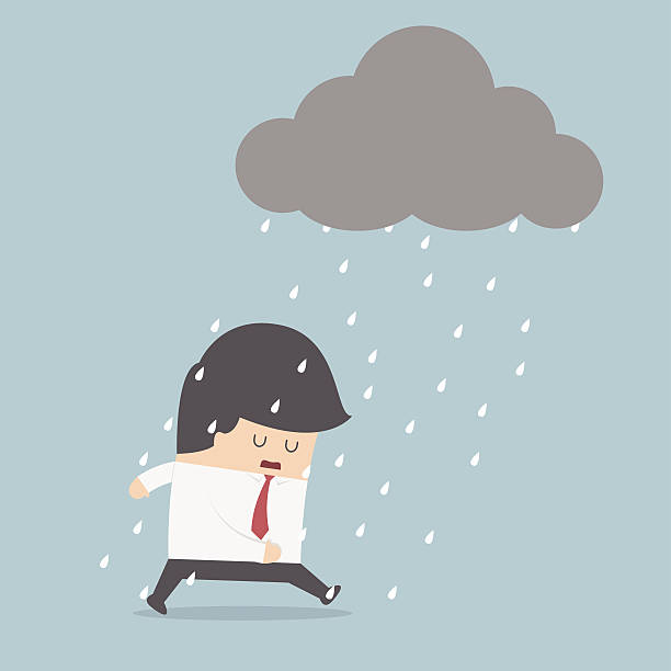 ilustraciones, imágenes clip art, dibujos animados e iconos de stock de hombre de negocios deprimido caminando en la lluvia - rain wind crisis business