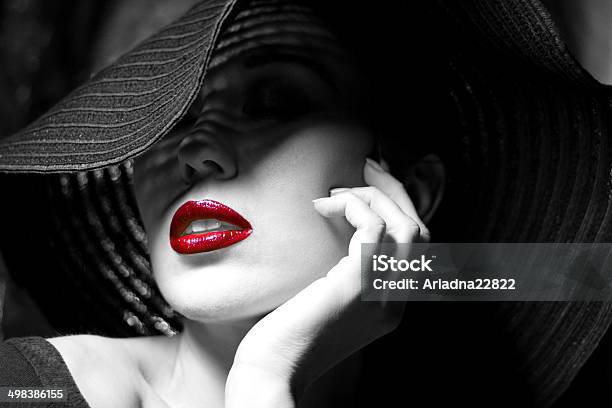 Mysterious Woman In Black Hat Red Lips Stock Photo - Download Image Now - Adult, Backgrounds, Elegance