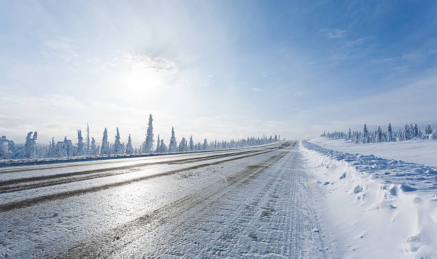 fernbedienung winter highway - forest tundra stock-fotos und bilder