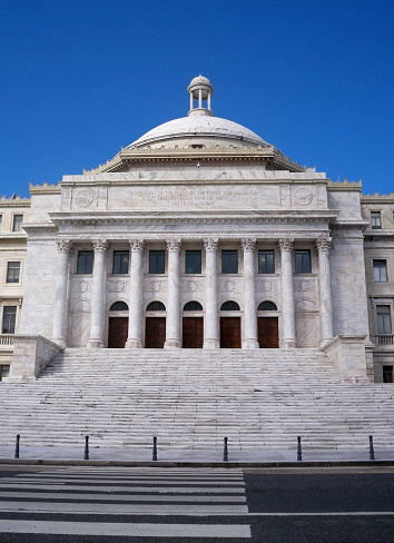 San Juan, Puerto Rico - November 13, 2013 - The exterior of the Capitol Building in San Juan, Puerto Rico, where an excerpt from the Gettysburg Address is engraved: \