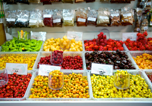 Variety of peppers for sale on Farmer's Market, at Brazil.
