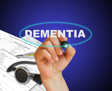 writing word DEMENTIA with marker on gradient background made in 2d software