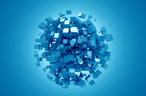 3D rendering of blue cubes. Sci-fi background. Abstract sphere in empty space. Futuristic shape.