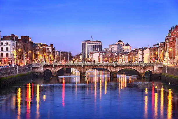 Dublin city on banks of river Liffey, Ireland.