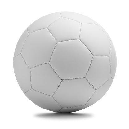 This is a photograph of a white soccer ball isolated on a white background with a drop shadow. Football is one of the most popular sports in the world.