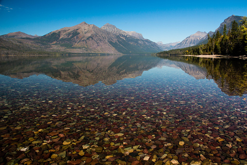 A view of Lake McDonald in Glacier National Park with the stony bottom in the forground