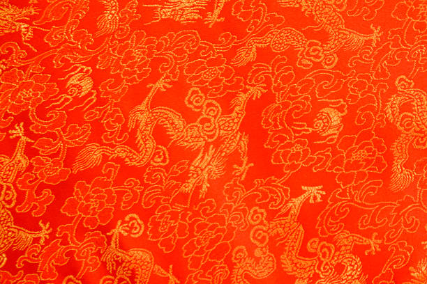 istock Texture of Red Chinese Silk with Dragons and Flowers Pattern 498399499