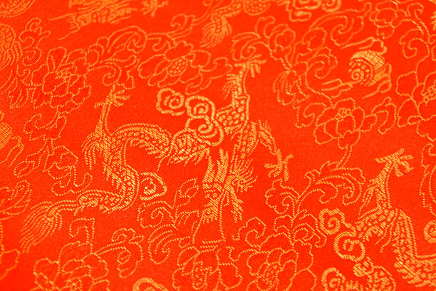 istock Texture of Red Chinese Silk with Dragons and Flowers Pattern 498399805