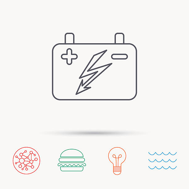 ilustraciones, imágenes clip art, dibujos animados e iconos de stock de acumulador icono. batería eléctrica señal. - emitter