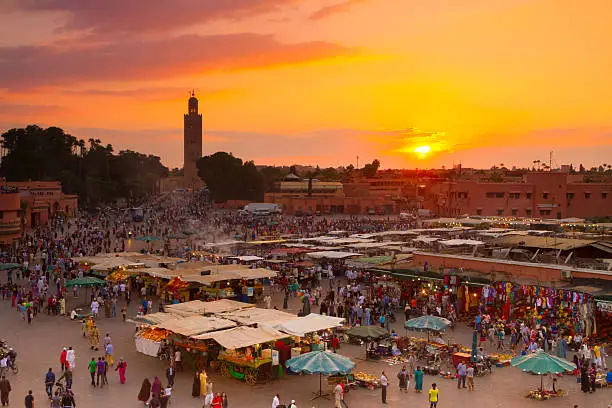 Jamaa el Fna also Jemaa el Fnaa, Djema el Fna or Djemaa el Fnaa is square and market place in Marrakesh's medina quarter. Marrakesh, Morocco, north Africa. UNESCO Heritage of Humanity.