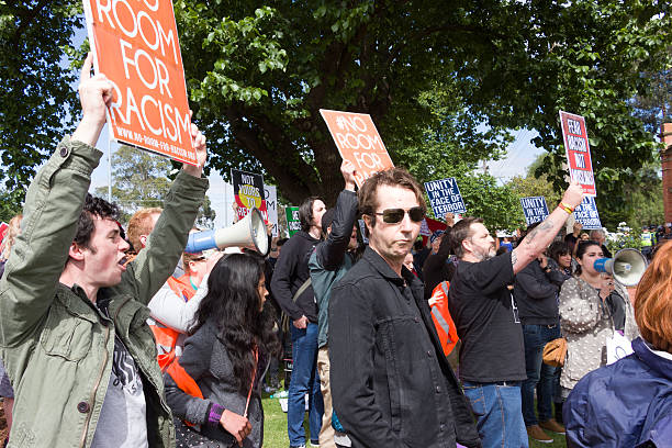 Melton, Australia - November 22, 2015: Anti Racism protesters violently clashed with reclaim Australia groups rallying agsint Muslim immigration.