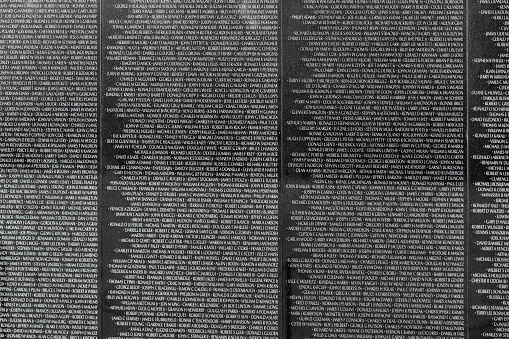 Washington, USA - July 14, 2010:  Names of Vietnam war casualties on Vietnam War Veterans Memorial  in Washington DC, USA. Names in chronological order,from first casualty in 1959 to last in 1975.