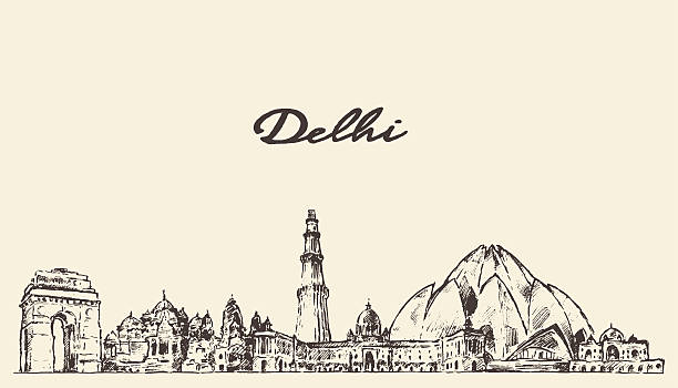 ilustraciones, imágenes clip art, dibujos animados e iconos de stock de horizonte de nueva delhi ilustración vectorial dibujados a mano - delhi