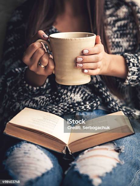 Girl Having Break With Cup Of Fresh Coffee Stock Photo - Download Image Now - 2015, Adult, Book